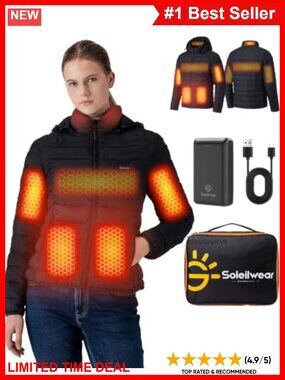 Women's Heated Jacket 6-Zone Graphene 16000mAh Battery Removable Hood